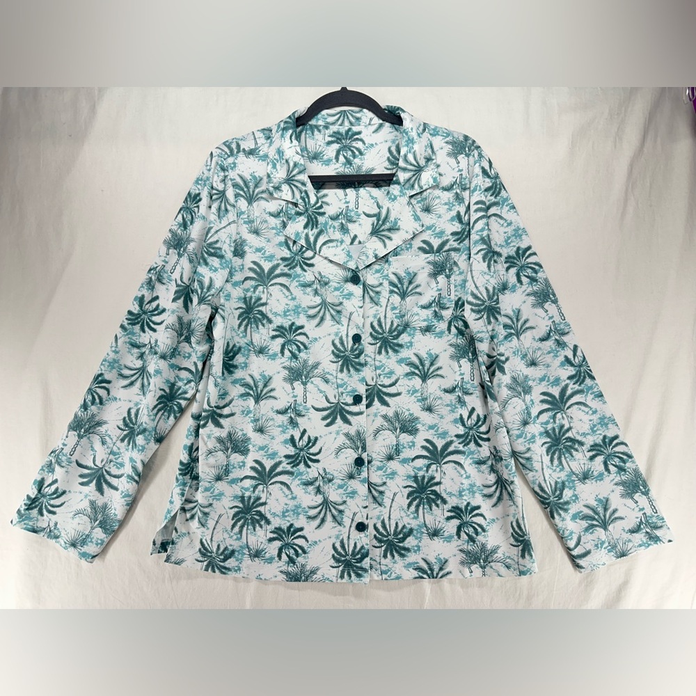 PajamaGram Long Sleeve Button Down Top Shirt Jade Palm Tree Leaves Womens Size L